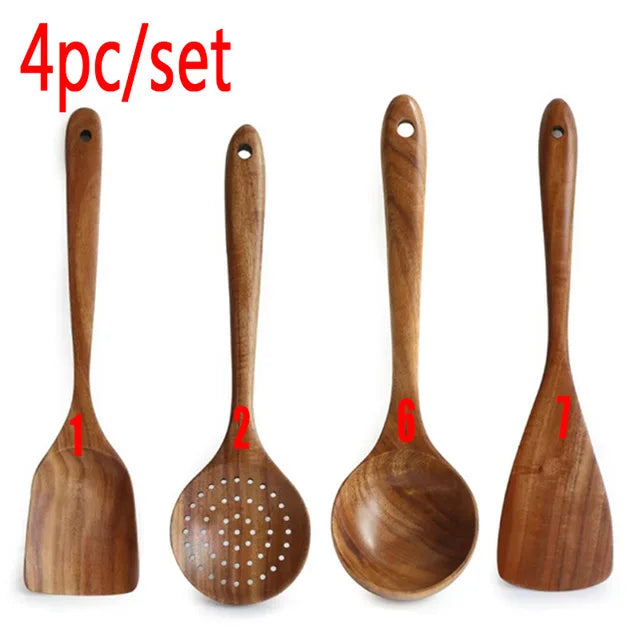 1-9pcs/set Teak natural wood tableware spoon colander spoon special nano soup skimmer cooking spoon wooden kitchen tool kit