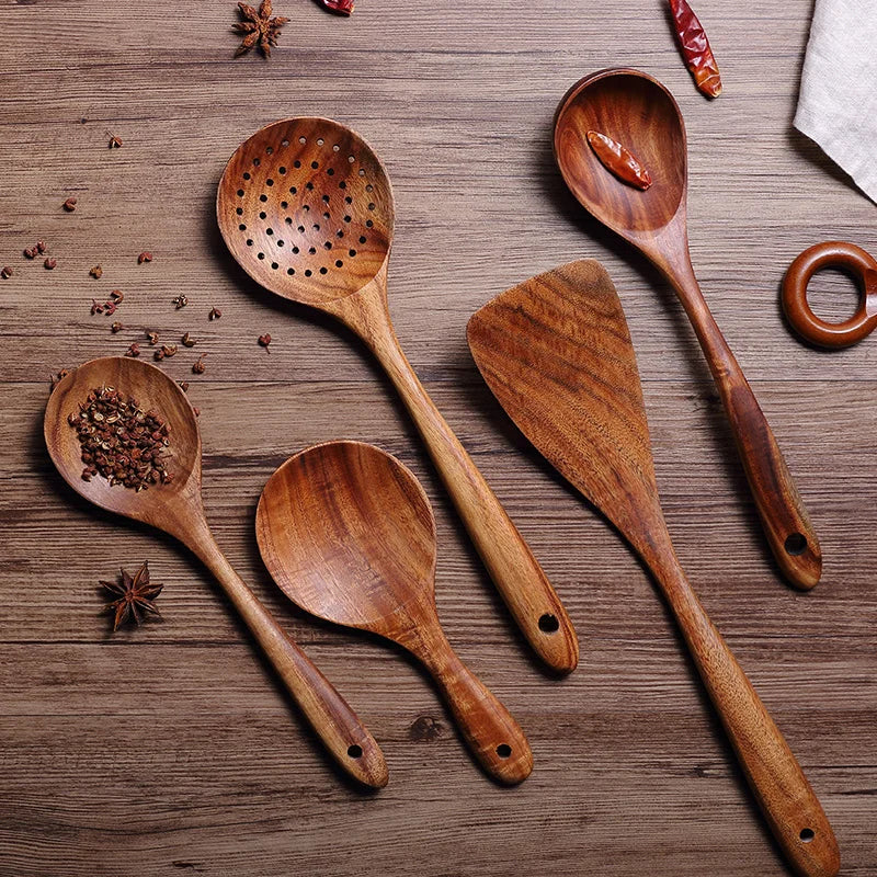 1-9pcs/set Teak natural wood tableware spoon colander spoon special nano soup skimmer cooking spoon wooden kitchen tool kit