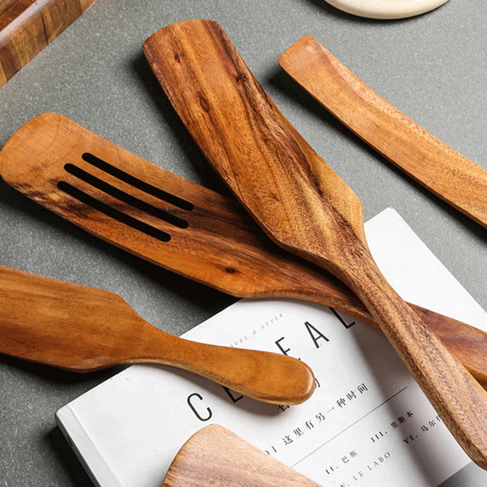 1-9pcs/set Teak natural wood tableware spoon colander spoon special nano soup skimmer cooking spoon wooden kitchen tool kit