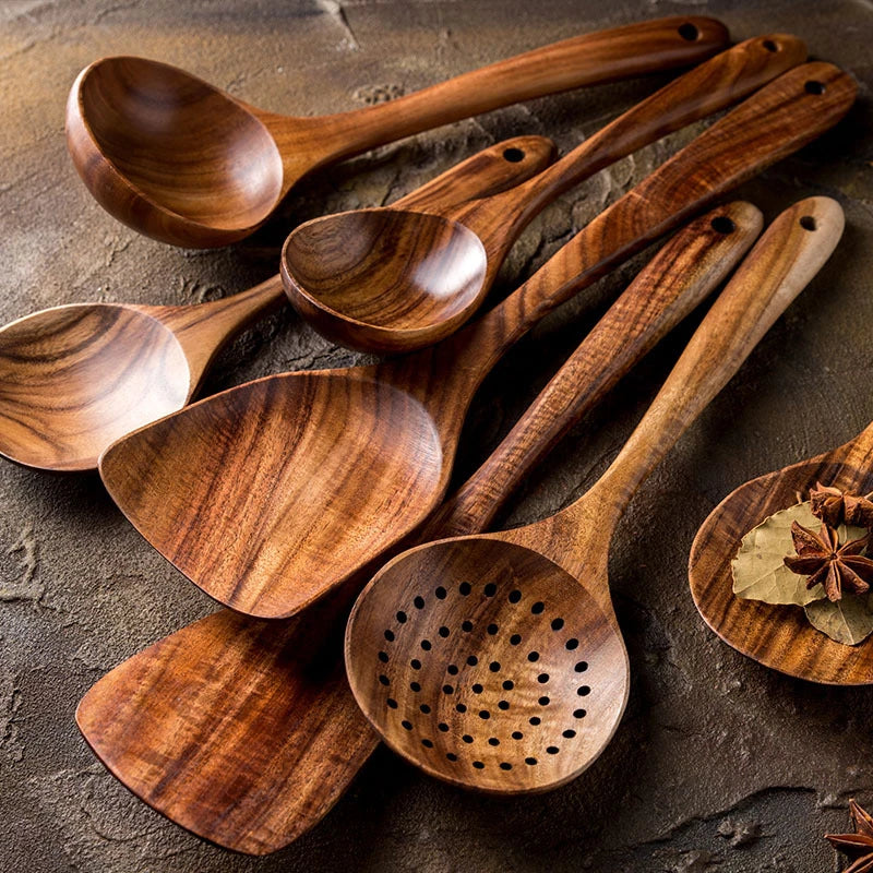 1-9pcs/set Teak natural wood tableware spoon colander spoon special nano soup skimmer cooking spoon wooden kitchen tool kit