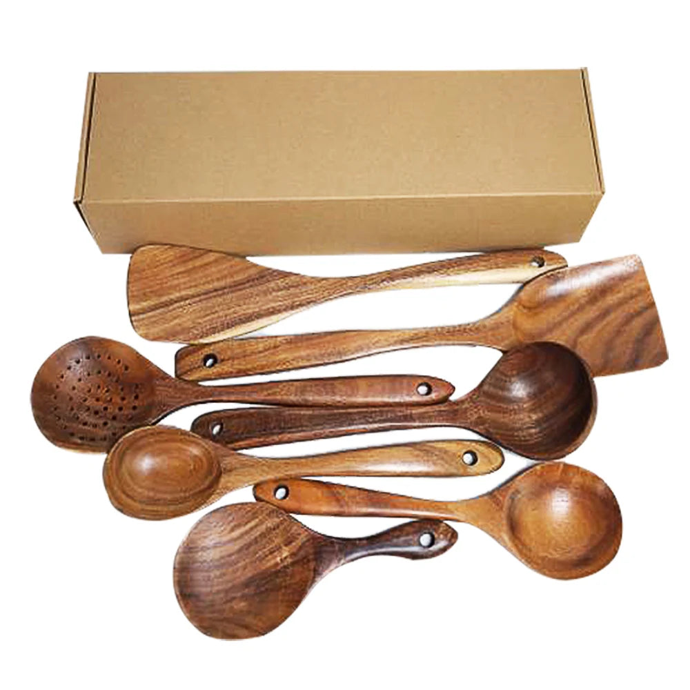 1-9pcs/set Teak natural wood tableware spoon colander spoon special nano soup skimmer cooking spoon wooden kitchen tool kit