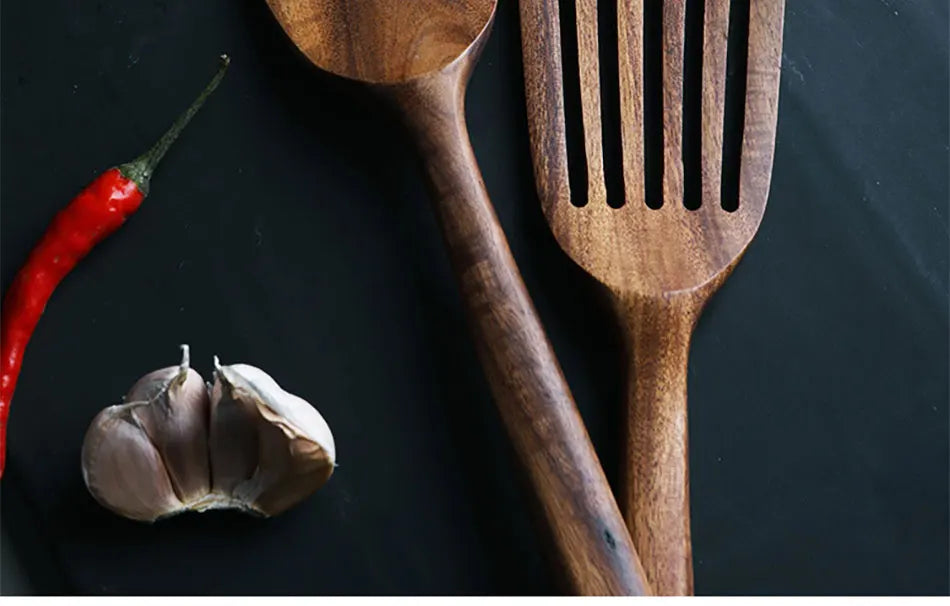 1-9pcs/set Teak natural wood tableware spoon colander spoon special nano soup skimmer cooking spoon wooden kitchen tool kit