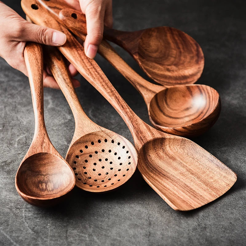 1-9pcs/set Teak natural wood tableware spoon colander spoon special nano soup skimmer cooking spoon wooden kitchen tool kit