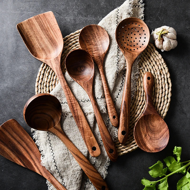 1-9pcs/set Teak natural wood tableware spoon colander spoon special nano soup skimmer cooking spoon wooden kitchen tool kit