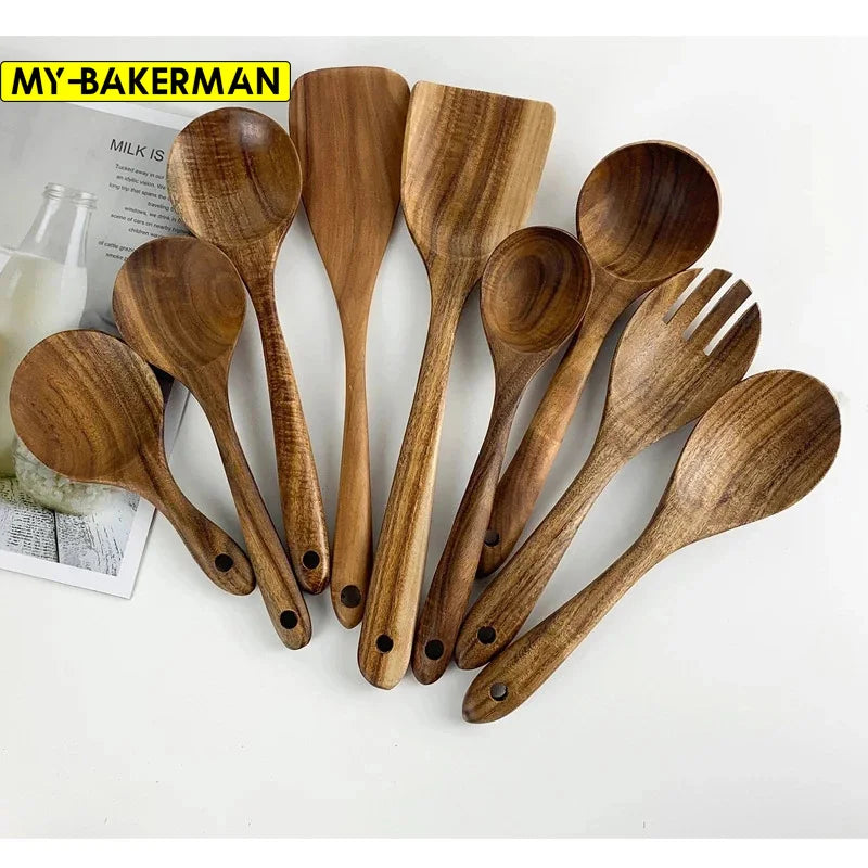 1-9pcs/set Teak natural wood tableware spoon colander spoon special nano soup skimmer cooking spoon wooden kitchen tool kit