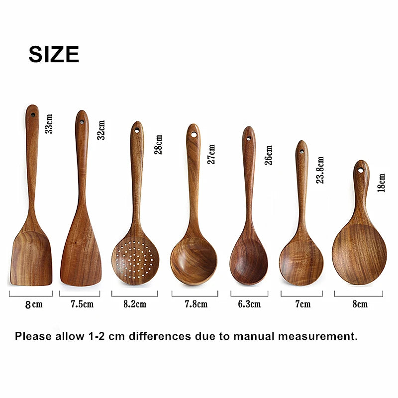 1-9pcs/set Teak natural wood tableware spoon colander spoon special nano soup skimmer cooking spoon wooden kitchen tool kit