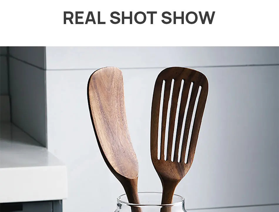 1-9pcs/set Teak natural wood tableware spoon colander spoon special nano soup skimmer cooking spoon wooden kitchen tool kit