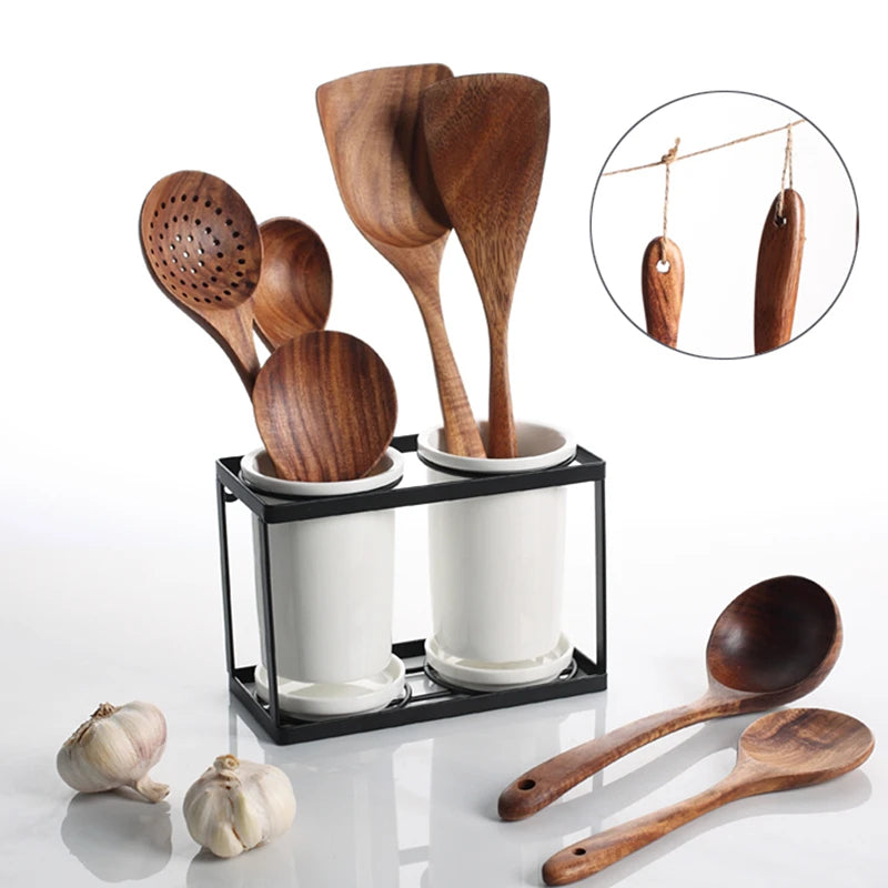 1-9pcs/set Teak natural wood tableware spoon colander spoon special nano soup skimmer cooking spoon wooden kitchen tool kit