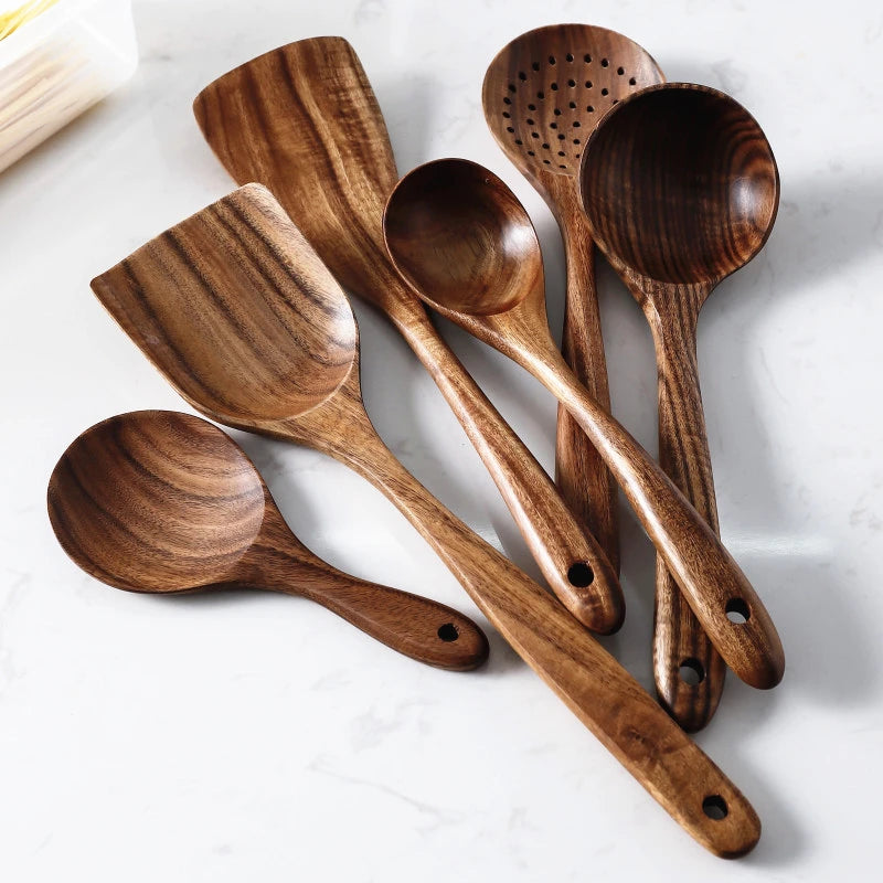 1-9pcs/set Teak natural wood tableware spoon colander spoon special nano soup skimmer cooking spoon wooden kitchen tool kit