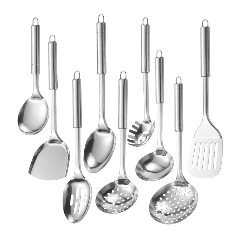9Pcs Stainless Steel Kitchen Cooking Utensils Set Long Handle Durable Cooking Spatula Set Rust-proof Shovel Set Restaurant