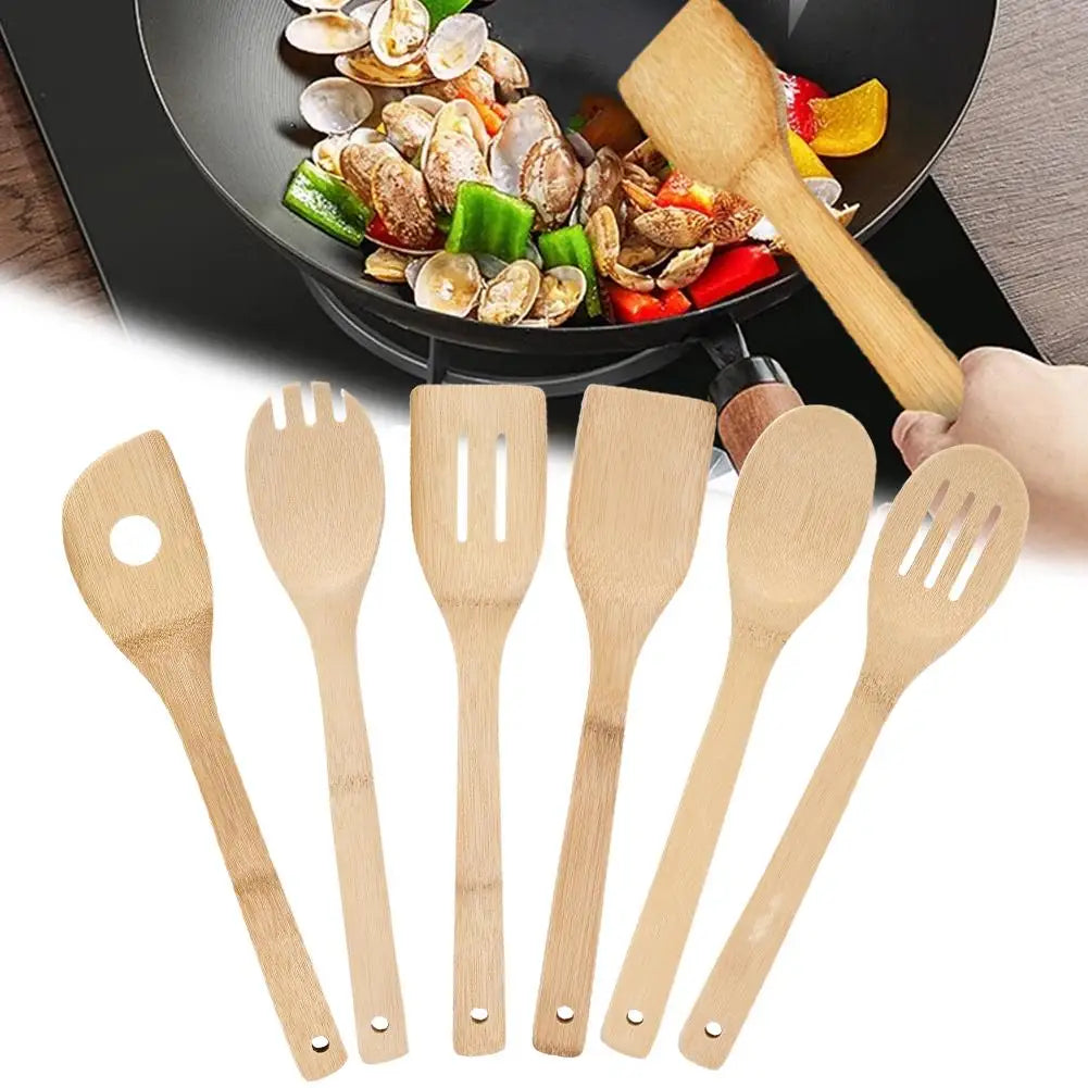 Wooden Cooking Utensil Set Bamboo Kitchen Spatula Spoons Tools Long Handle Honey Coffee Milk Teaspoon Spice Condiment Scoops