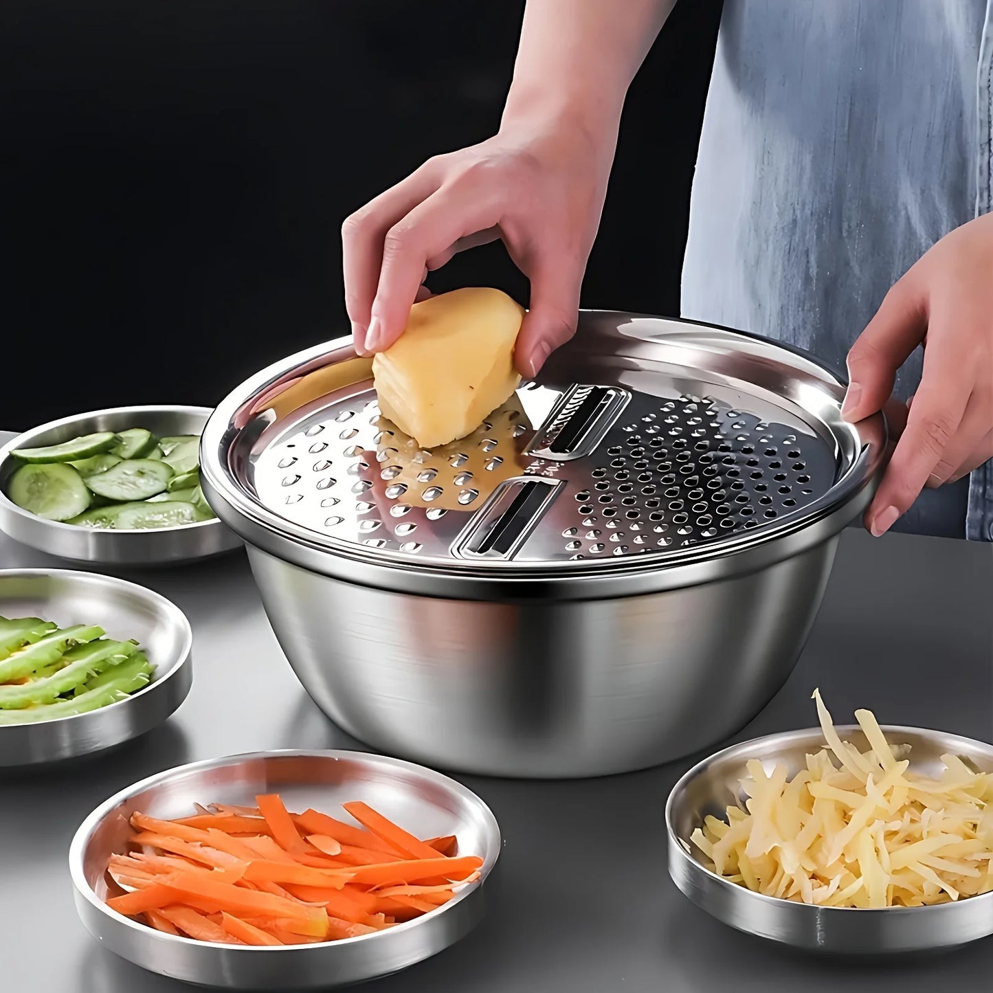 Stainless Steel Kitchen Set with Integrated Grinder, Multi-Filter and Mixing Bowl - for Cleaning and Slicing ,Vegetables, Cheese
