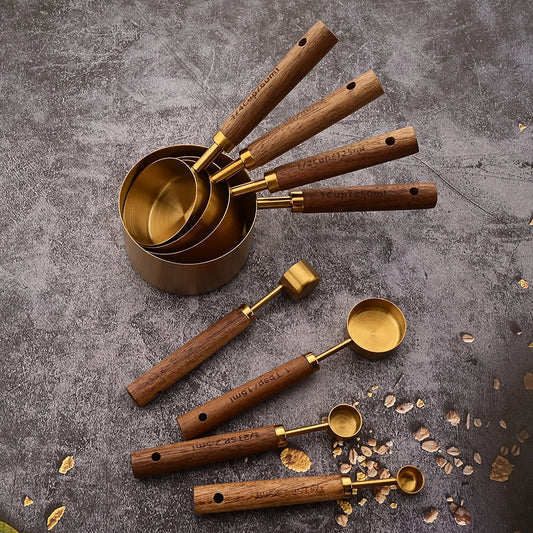 1/4/8Pcs Gold Wooden Handle Stainless Steel Measuring Cups Spoons Baking Tools Coffee Bartending Scale Kitchen Accessories Set