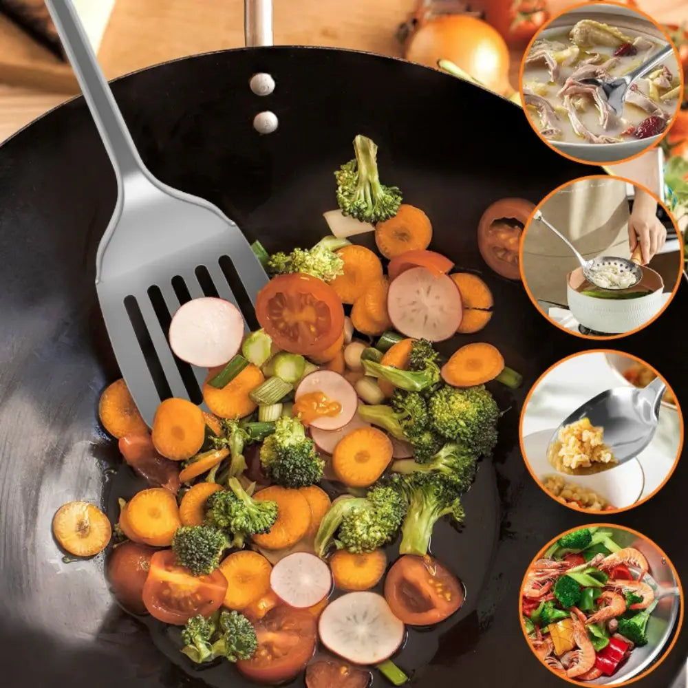 9Pcs Stainless Steel Kitchen Cooking Utensils Set Long Handle Durable Cooking Spatula Set Rust-proof Shovel Set Restaurant