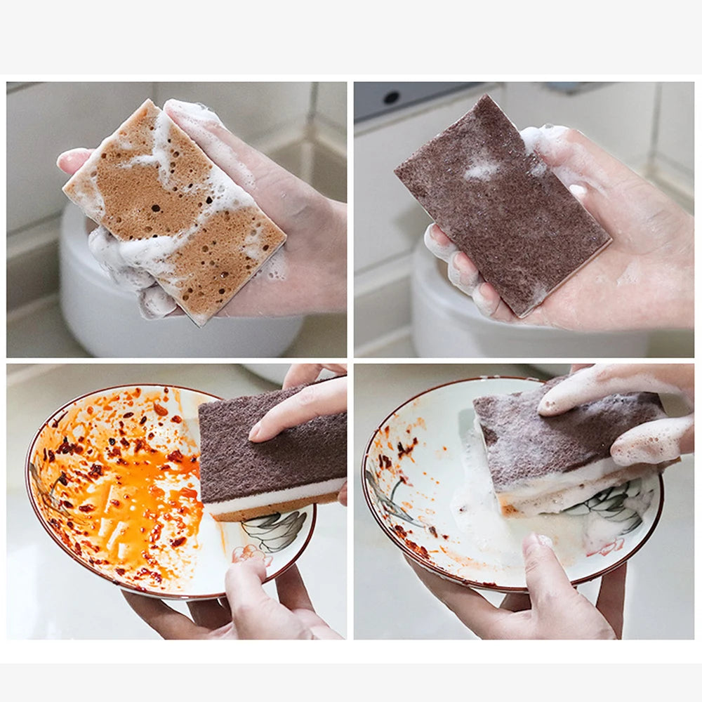 Double-sided Natural Sponges sandy fiber Scouring Pads Kitchen Pot Dishwashing Magic Rust Remover Brush Cleaning Accessories