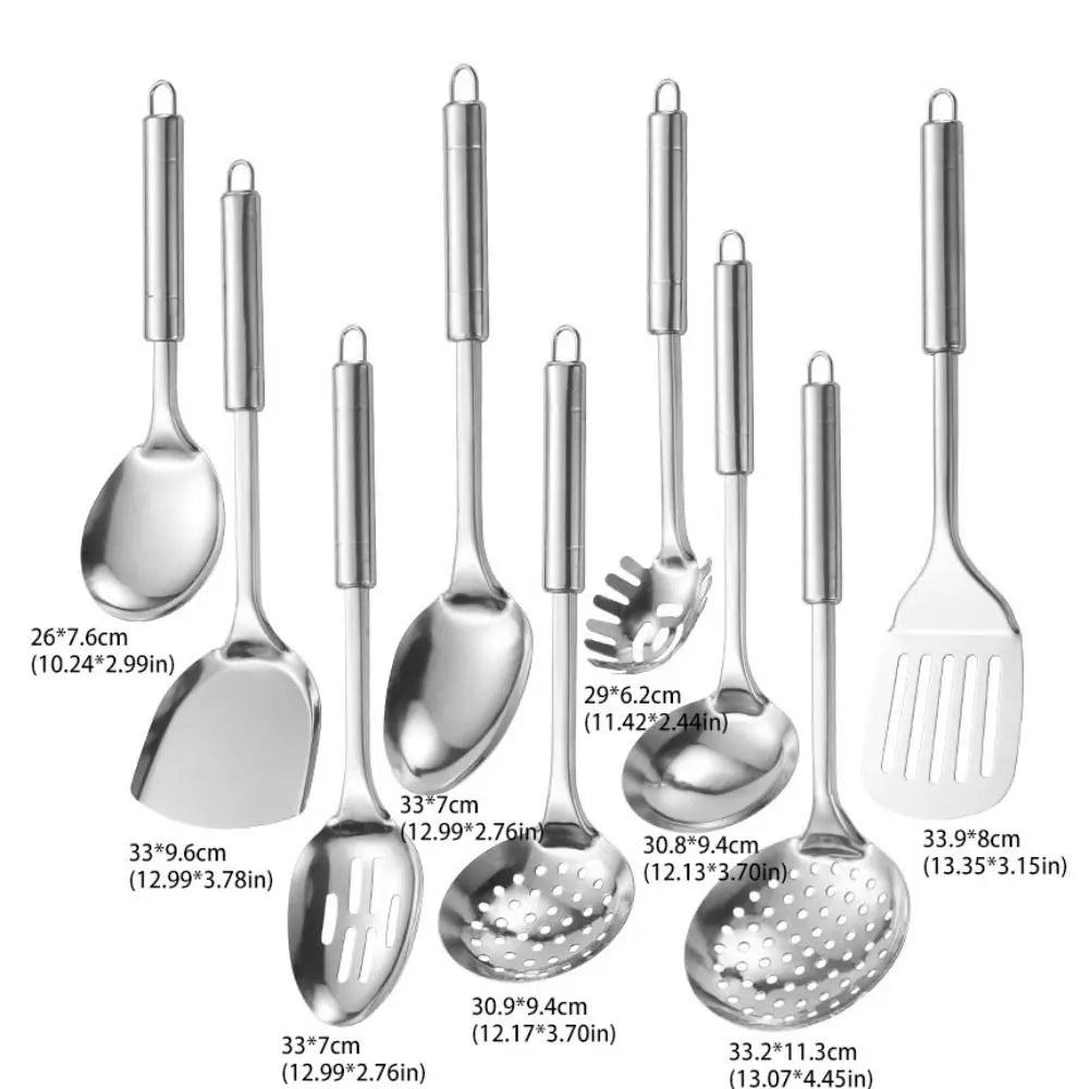9Pcs Stainless Steel Kitchen Cooking Utensils Set Long Handle Durable Cooking Spatula Set Rust-proof Shovel Set Restaurant