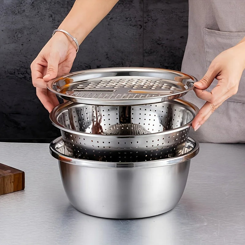 Stainless Steel Kitchen Set with Integrated Grinder, Multi-Filter and Mixing Bowl - for Cleaning and Slicing ,Vegetables, Cheese